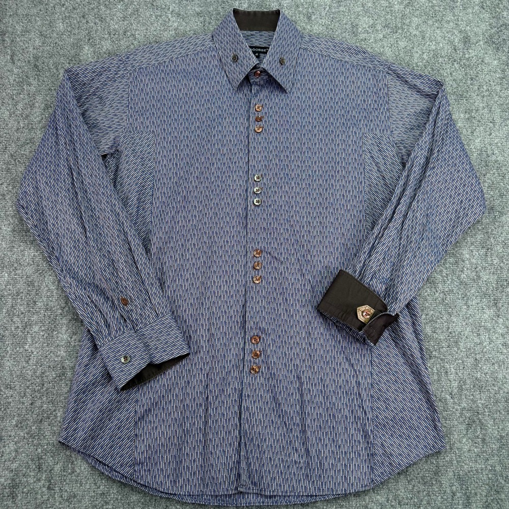 Bogosse Shirt Men's Size 4 L Blue Geometric Stripe Button Up Leather Strap Cuff
